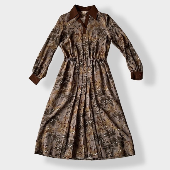 VINTAGE 60s-70s Dress dagger collar pleated midi fit & flare Cottagegore XS - Picture 6 of 16